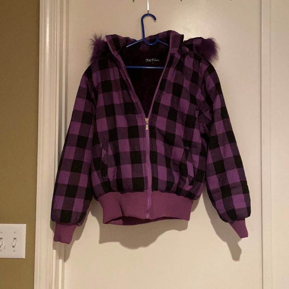 Y&F Plaid faux fur hooded jacket NWOT